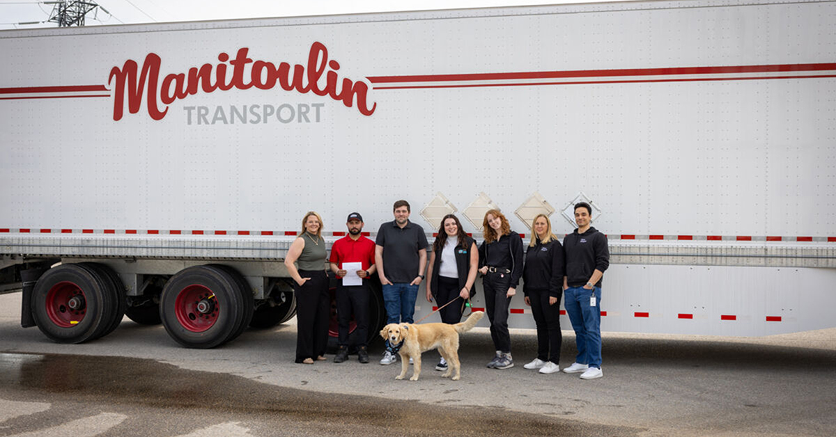 Manitoulin Transport Delivers Life Saving Pet Food To Wildfire Affected Communities. Pictured L-R: Kayla Wing (Manitoulin Transport), Milandeep Birdi (Manitoulin Transport), Derek Bailey (Manitoulin Transport), Karissa Kugler (HBSPCA),Mikayla Murphy (HBSPCA), Diana Belanger (Uber Freight), Mert Mensah (Uber Freight).