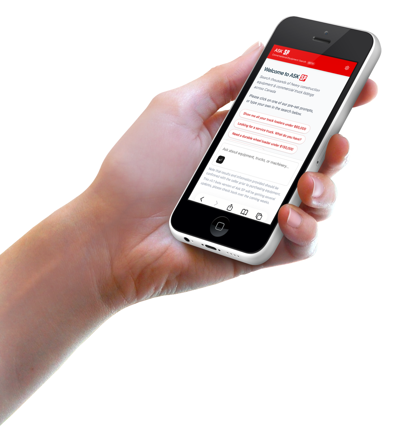 AskSP mobile search experience on a smartphone, showing conversational equipment search prompts