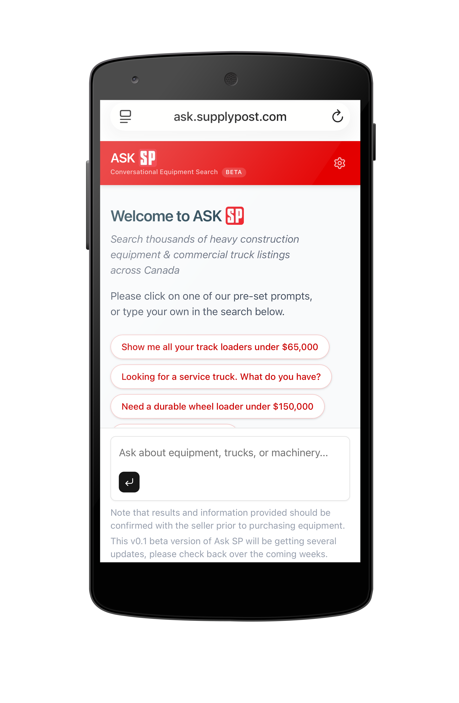 AskSP conversational equipment search interface showing suggested prompts like 'Excavators in BC under $200K'